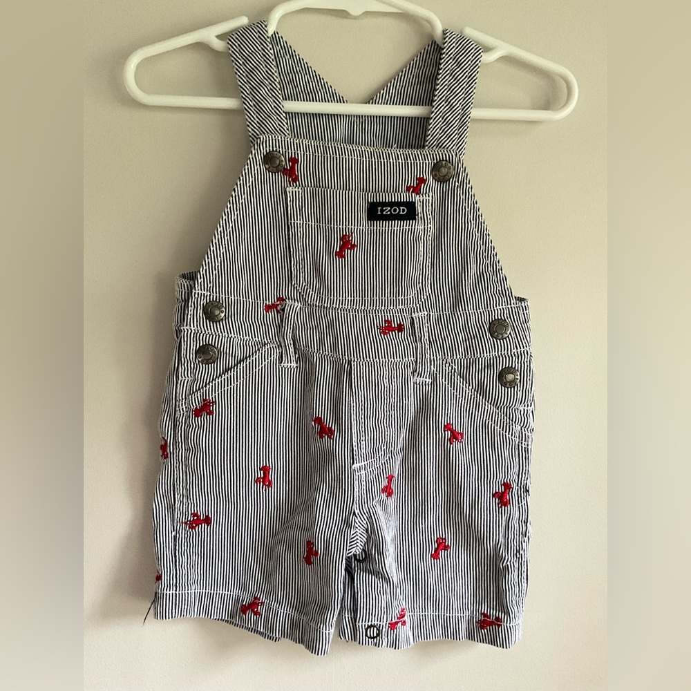 Izod Nautical Lobster Embroidered Striped Overalls, 3-6 mo, MSRP $29